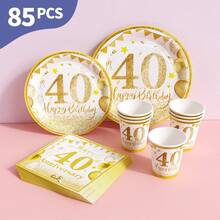 Gold Balloons 40th Anniversary Disposable Plates, Napkins And Cups Set, Serves 20 Guests. This Disposable Party Set (Including Plates, Napkins And Cups) Is Perfect For Birthday Parties, Weddings And Family Picnics. - View 1