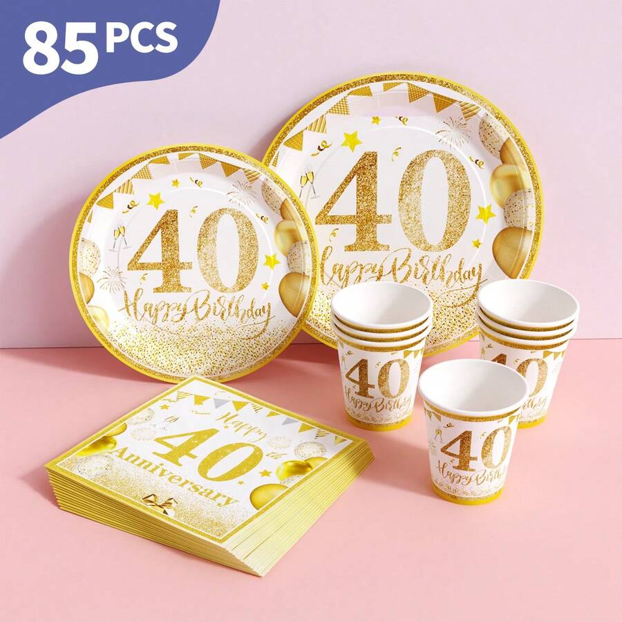 Gold Balloons 40th Anniversary Disposable Plates, Napkins And Cups Set, Serves 20 Guests. This Disposable Party Set (Including Plates, Napkins And Cups) Is Perfect For Birthday Parties, Weddings And Family Picnics. - View 1