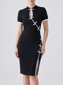 Franclia 时尚女士中式纽扣连衣裙，优雅新款中式连衣裙，撞色滚边短裙 - 黑色 - 查看 5