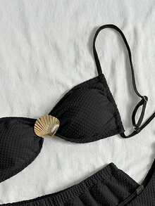 Swim Vcay 2026春夏吊带杏色露背金色贝壳装饰侧高腰抽绳泳裤三件套比基尼泳装套装 女士泳装 女士泳装套装 女士度假套装 Zebra Larsson演唱会服装 动物园服装 女士两件套比基尼套装 - 黑色 - 查看 6