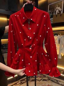 Franclia 女士时尚印花腰部衬衫 - 紅色 - 查看 3