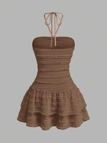 Sweetra Plus Size Women's Chocolate Brown Summer Cute Vacation Holiday Vintage Resort Style Dress,Textured Backless Double-Layer Ruffle Hem Pleated Neckline - Brown - View 2