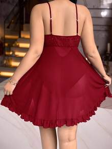 Slumberist Plus Size Women Sheer Mesh Patchwork Lace Sexy Lingerie Jumpsuit - Burgundy - View 2