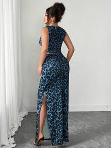 Elenzga 大码女式豹纹吊带背心和迷你裙两件套，性感时尚，适合日常通勤 - 藍色 - 查看 2