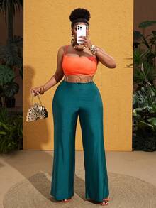 Maweii 大码女式橙绿撞色吊带露脐上衣+镂空金属环高腰阔腿连体裤 - 彩色 - 查看 5