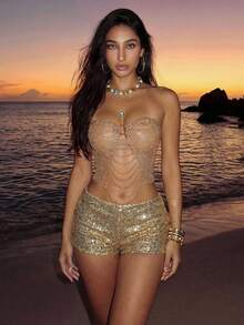 EgrlEra Women's Sexy Hollow Sheer Blouse, Rhinestone Sparkling Material, Suitable For Music Festival, Carnival Party Tube Tops Y2k Sexy Birthday Outfit Gold Sequin Top Sexy Club Outfit Party Outfit For Women Club - Champagne - View 1