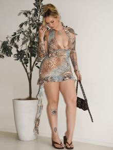 Arliah 女式露背夏季外出夏威夷波西米亚风海滩性感派对露背豹纹西部迷你连衣裙 - 彩色 - 查看 6