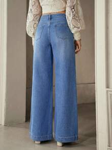 Selenza Quần Jeans Ống Rộng Nhiều Màu Trơn Có Túi Cài Nút Phía Trước Cho Nữ - Rửa trung bình - Xem 2