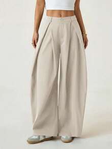 SHEIN PETITE Quần dài nữ mùa hè kiểu vintage năng động, phong cách đường phố, dáng rộng, màu xanh quân đội, ống loe, gấu quần cong. - Màu be - Xem 3