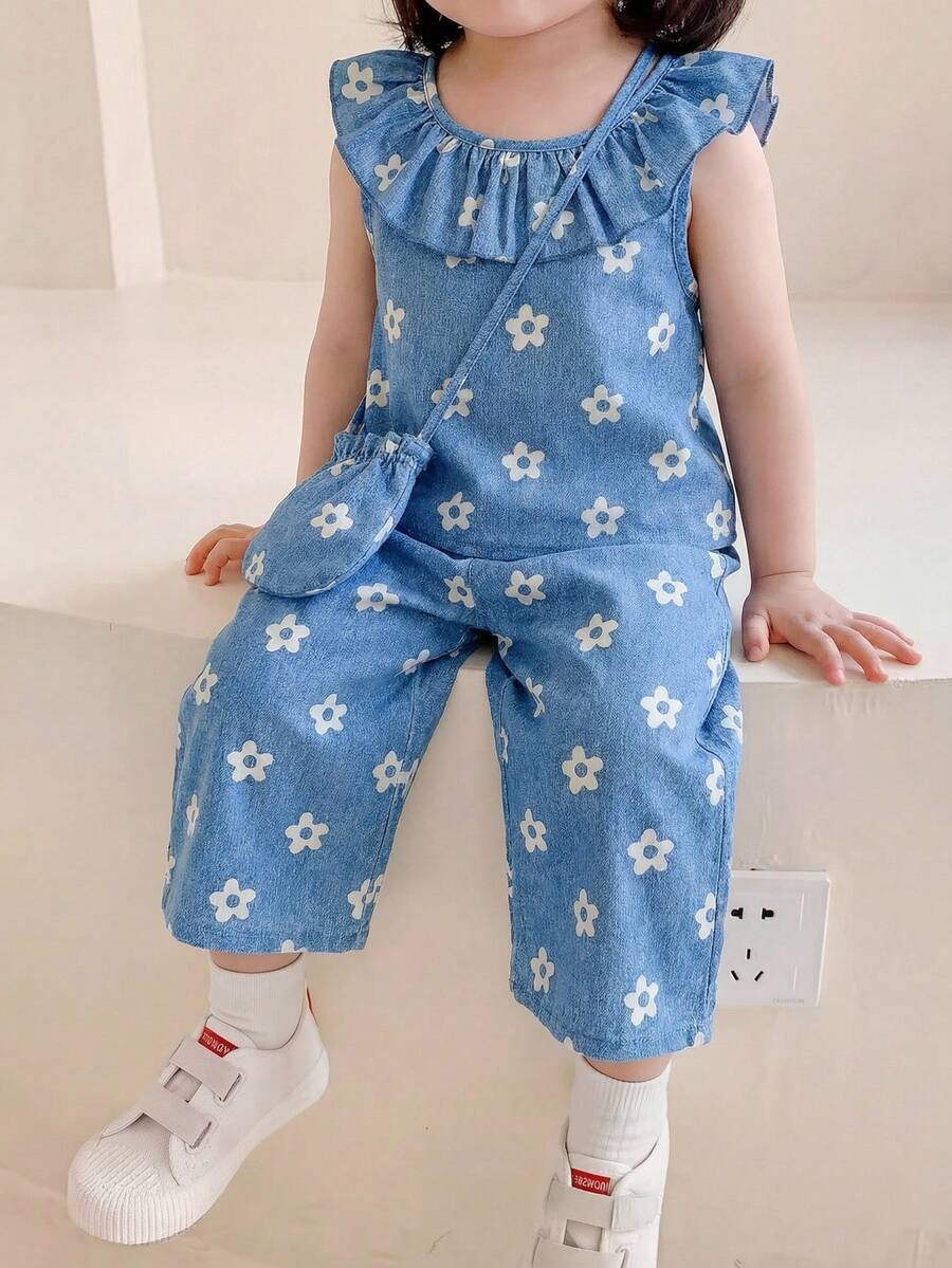 Elladie kids 2pcs/Set Young Girl Korean Style Elegant Sweet Floral Ruffle Collar Sleeveless Dress Top+Straight Pants+Bag,Summer Princess Fashion Outfit Gift - Blue - View 1