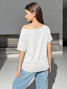 少女字母菠萝印花不对称领短袖T恤 - 白色 - 查看 2