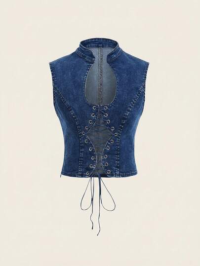 SHEIN ICON Women's Fashion Sexy Hollow Denim Lace-Up Crop Top