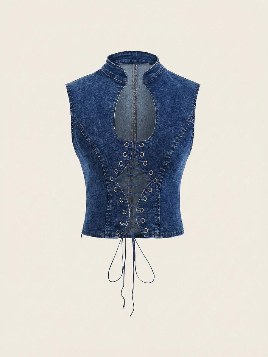 SHEIN EZwear 女士时尚性感镂空牛仔系带露脐上衣 - 深色水洗藍 - 查看 1