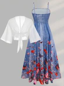 Elenzga Plus Size Women's Fashion Summer Floral Chiffon Dress & Jacket Elegant 2-Piece Set Fall - Multicolor - View 2