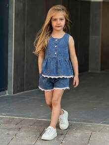 DAZY 2pcs Young Girls Crew Neck Sleeveless Denim Top And Denim Shorts Set, Fall Outfit - Blue - View 4