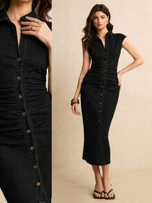Poéselle Đầm denim ôm dáng tay ngắn xếp ly cài một hàng khuy dành cho nữ - màu đen - Xem 1