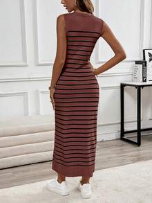 SHEIN LUNE Casual Comfortable Striped Sleeveless Dress For Women - Rust Brown - View 2