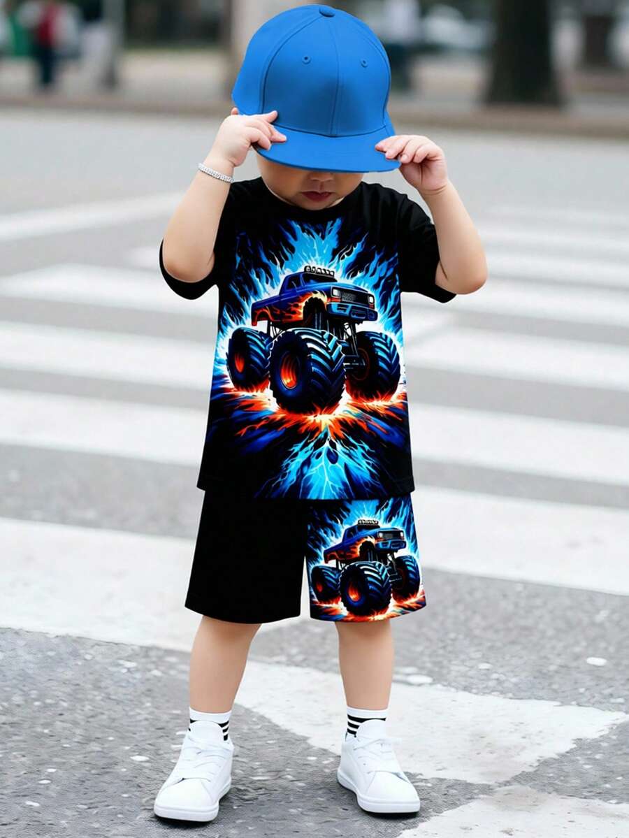 2pcs Set Young Boys Off-Road Vehicle Graphic Print Black T-Shirt And Shorts,Summer Fashionable Casual Comfortable Round Neck Short Sleeve Outfit - Black - View 1