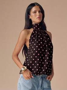SHEIN BAE Black & White Polka Dot Backless Halter Neck Sexy Crop Top, Suitable For Music Festivals, Vacations,Summer Top - Chocolate Brown - View 5