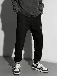 SHEIN Leap Crew 青少年男孩 1 件休闲百搭时尚街头风格修身贴袋夹缝编织标记设计运动裤返校服装；秋季服装；青少年男孩服装；儿童夹克 - 黑色 - 查看 8