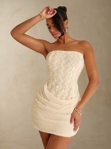 SHEIN Allurite 女士优雅修身无袖迷你连衣裙，亮片拼接，适合旅行、度假、音乐节、毕业典礼等场合 - 杏色 - 查看 1