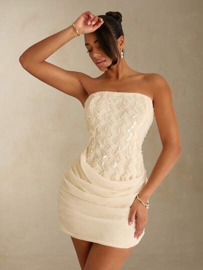 SHEIN Allurite Women's Elegant Fitted Sleeveless Mini Dress, Sequin Patchwork, Suitable For Travel, Vacation, Music Festival, Graduation Ceremony White Pearl Dress White Strapless Dress White Tube Dress,Spring To Summer,Spring Outfit,Spring Clothes,Summer Outfits For Women,Summer Vacation Outfits,Fasching Women Costume,Beach Dress,St Patrick's Day Women,Going Out Outfits, Beach Vacation Outfits For Women ,Festival Yacht Dress