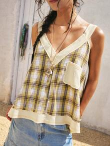 SoleilVie Áo tank top cổ chữ V phối họa tiết kẻ caro cổ điển, kiểu dáng rộng rãi, chất liệu móc len, không tay, viền họa tiết kẻ ô vuông. - Màu vàng - Xem 8