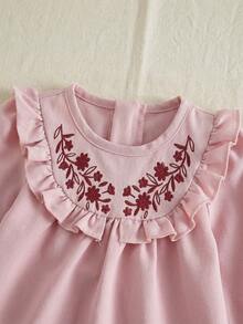 Vestido holgado de manga larga con volantes, estampado floral de bloques de color, para bebé niña recién nacida - Rosa - Ver 7