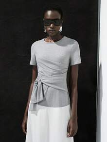 Lumivelle Gray French Style Pleated Tie-Waist Short Sleeve A-Line Dress, Casual Slimming Elegant Long Dress - Multicolor - View 8