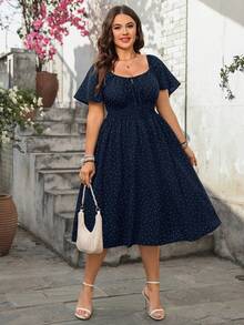 DreamSkyne 大码女式黑色波点方领收腰短裙 - 藍色 - 查看 5