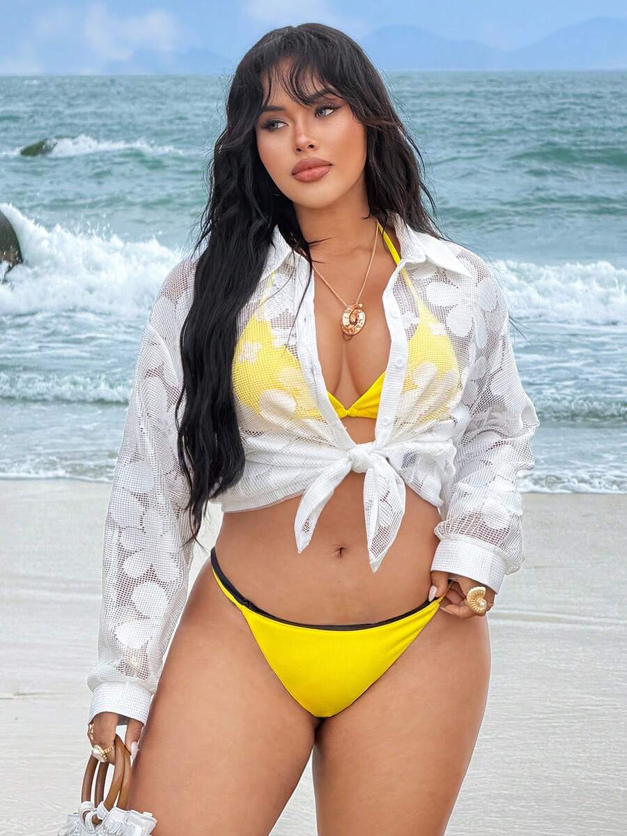 Rustia 女士长袖花卉图案钩针编织长衬衫 - 白色 - 查看 1