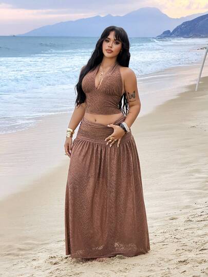 POPSWAY 大码女装小众设计深V露背吊带背心和低腰裙套装，夏季法式复古针织纹理