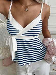 CovetEZ Women's Casual Striped Tie Strap Camisole - Blue and White - View 4