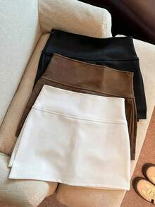 Franclia 女士纯色简约休闲半身裙 - 杏色 - 查看 2