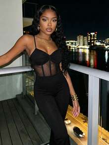 Slaydiva 早春新款，春夏音乐节，情人节，复活节，婚礼季，假日季，休闲优雅，通勤，日常穿着，工作装，度假，派对，邮轮，派对，基础款，日常约会，吊带款式，前系带设计，腰部，网纱面料，透视设计，黑色喇叭裤，超长裤，女士连体裤 -Z - 黑色 - 查看 5