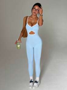 SHEIN Sovereign Charm 女士无袖马卡龙蓝连体裤，后背交叉绑带设计，适合日常休闲穿着、跑步、瑜伽、健身、网球、高尔夫等运动。 - 藍色 - 查看 6