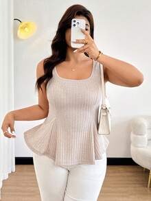 Easura Plus Size Women Fuzzy Striped Elastic Back Tie A-Line Tank Top, Spring/Summer - Khaki - View 4