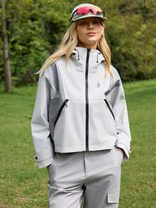 Exploreva Women's Contrast Color Zipper Long Sleeve Casual Jacket - Grey - View 3