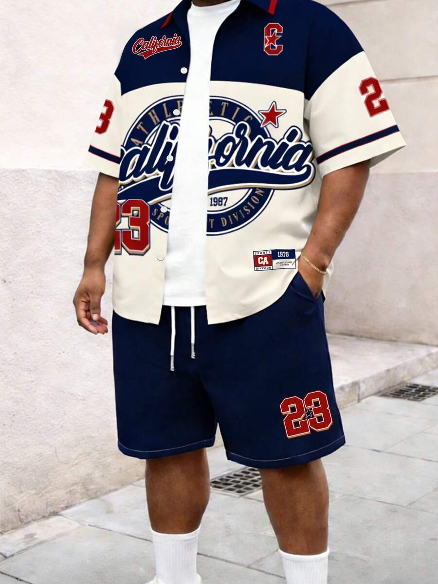 Manfinity Homme Plus Size Men's Retro Navy Blue Baseball Shirt Set,Summer Streetwear City Break Back-To-School,Colorblock Letter & Number Print Loose 2-Piece Suit - Multicolor - View 1