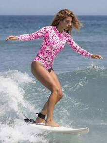 Swim SPRTY 26SS 女士春夏印花长袖波西米亚风沙滩度假泳衣，性感短裤比基尼套装，沙滩冲浪服，适合情人节、返校季、旅行季、海滩、下午茶野餐、派对等场合。 - 玫紅色 - 查看 7