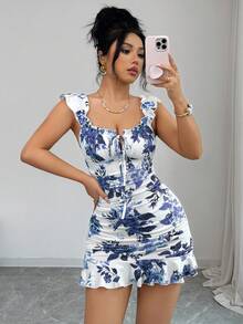 Selianne Đầm dự tiệc dài thanh lịch dành cho nữ, in họa tiết hoa, viền bèo nhún, eo thắt gọn. - Iron Gray - Xem 8
