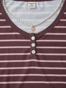 Teen Girls Striped Collar Contrast Button Front Short Sleeve Casual Blouse Mothers Day Outfit Graduation Summer Tops - Coffee Brown - View 6