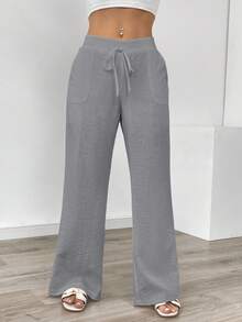 SHEIN PETITE Women's Elegant Vacation Casual Linen-Like Pants - Grey - View 3