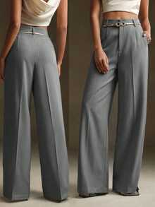 Anewsta Petite Pantalones de traje modernos de unicolor con decoración metálica, nueva colección de primavera - Gris - Ver 1