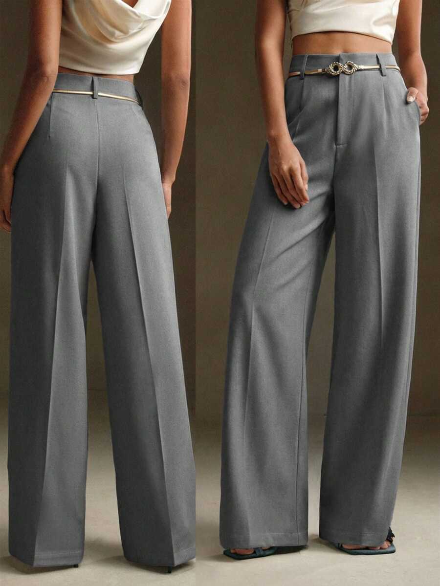 Anewsta Petite Pantalones de traje modernos de unicolor con decoración metálica, nueva colección de primavera - Gris - Ver 1