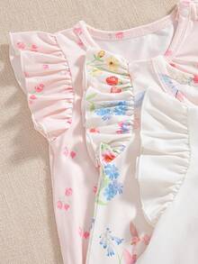 Souflis Souflis 女婴三件套夏季连体衣，可爱兔子花园印花，荷叶边短袖和下摆，日常休闲装 - 彩色 - 查看 5