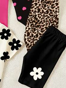 Elladie kids 3件套女婴休闲甜美碎花、豹纹蝴蝶结和简约字母印花短袖圆领T恤和配套短裤套装，适合春夏季外出和度假。 - 彩色 - 查看 4