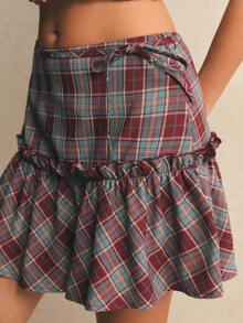 Poéselle 女士格子百褶休闲百搭日常迷你裙 - 紅色 - 查看 4