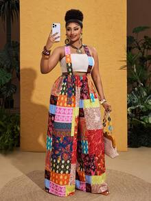 Maweii Mono de talla grande para mujer con estampado retro patchwork - Multicolor - Ver 6