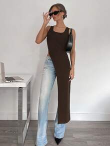 Siren Gaze New Spring/Summer Sleeveless Vest With Extra Long Side Slit, Edgy Dark Style For Women,Summer Top - Brown - View 8